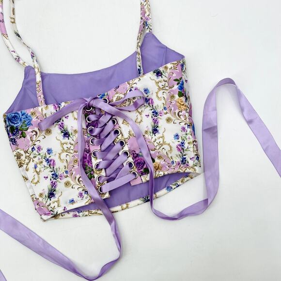 Sugar Thrillz S purple Floral Token of Love Corset Lace Up Top - Picture 1 of 10